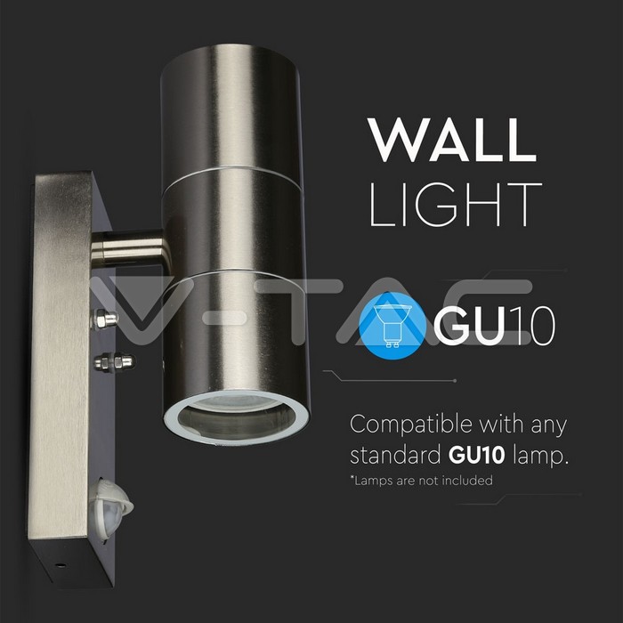Applique murale VT-7622PIR GU10 avec capteur, corps en acier inoxydable, 2 voies, IP44