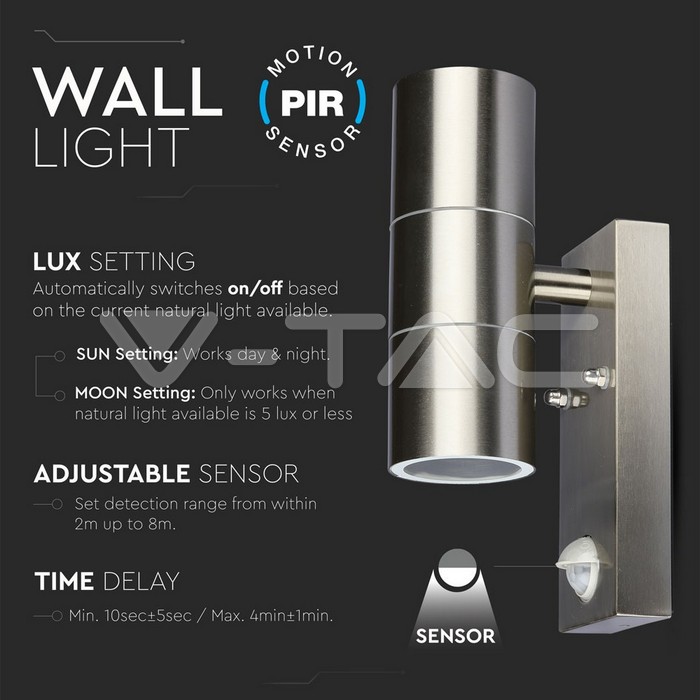 Applique murale VT-7622PIR GU10 avec capteur, corps en acier inoxydable, 2 voies, IP44
