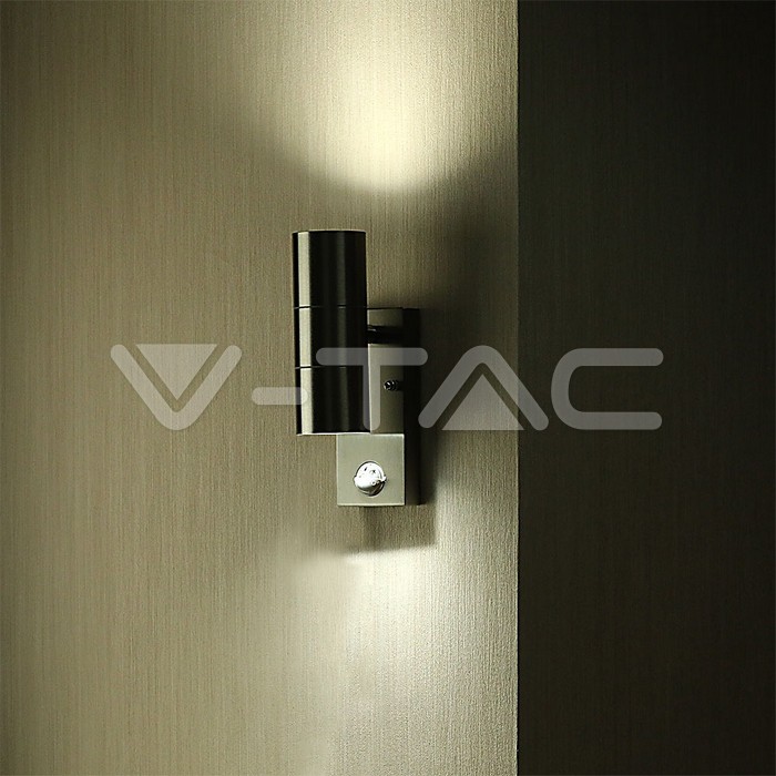 Applique murale VT-7622PIR GU10 avec capteur, corps en acier inoxydable, 2 voies, IP44