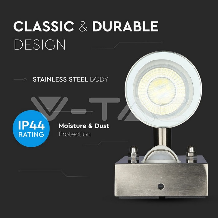 Applique murale VT-7622PIR GU10 avec capteur, corps en acier inoxydable, 2 voies, IP44