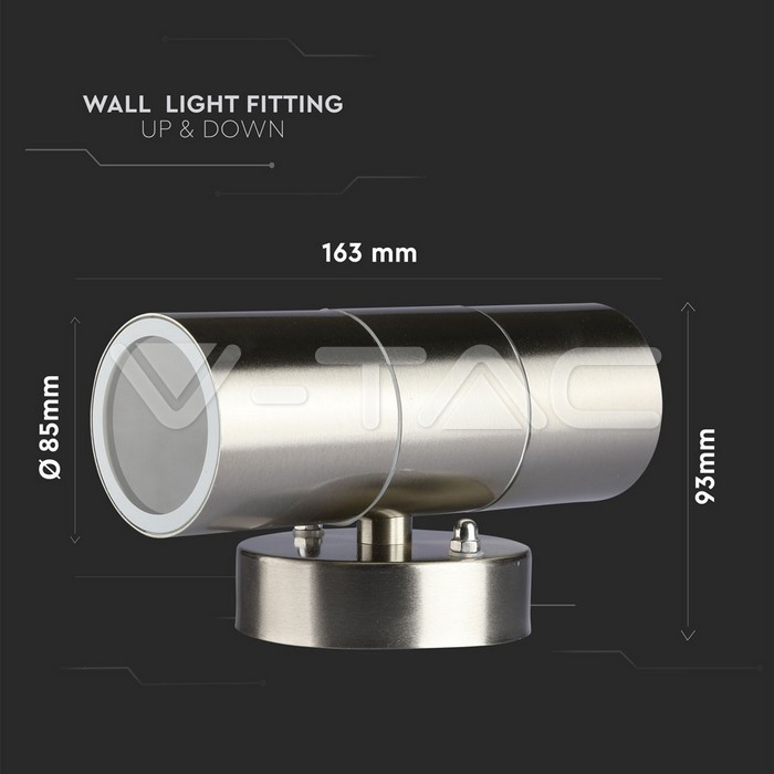 VT-7622 APPAREIL MURAL GU10, CORPS EN ACIER INOXYDABLE - 2 VOIES IP44