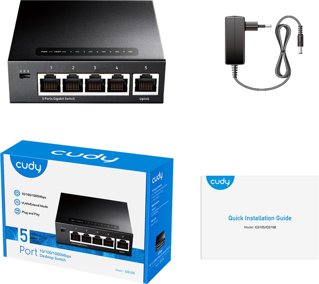 Cudy GS105 5-Port Gigabit Ethernet Switch, 10/100/1000 Mbps Ethernet Hub, Plug &amp; Play, Metal Housing