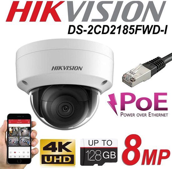 HIKVISION 8MP SYSTEM 8CH Channel NVR IP POE 8X 8 MP MEGAPIXEL CCTV 2.8MM DOME Network Camera Kit - Indoor and Outdoor - NIGHT VISION DS-7608NI-K2 / 8P DS-2CD2185FWD-I - No HDD - White