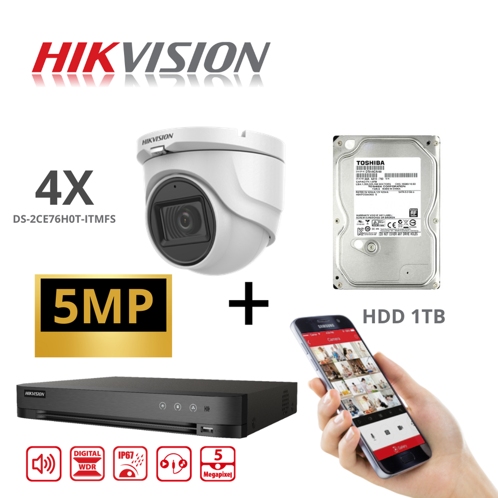 HIKVISION Set Caméra CCTV Turbo-HD 5 MP AUDIO DVR 4 Canaux - 4x 5MP Audio Tourelle Caméra Intérieur/Extérieur 1 To HDD