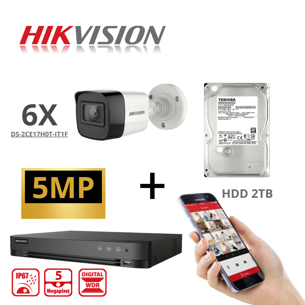 HIKVISION Set Turbo-HD 5 MP 6x Camera - DVR 8 Channel - 6x 5MP Bullet Camera Indoor/Outdoor 2TB HDD