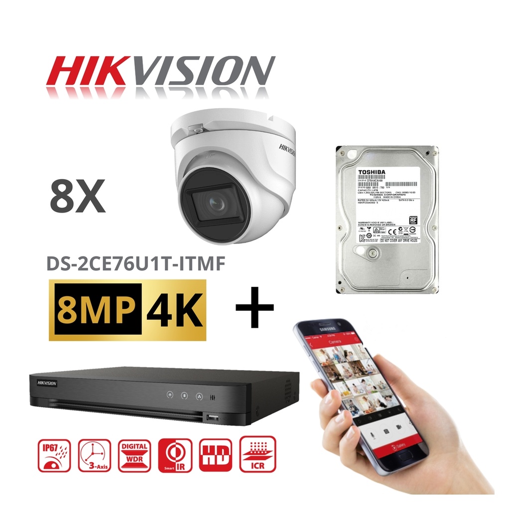  HIKVISION Set 8MP-4K Turbo-HD DVR 8 Channel - 8x 8MP Turret Camera Indoor/Outdoor 2TB HDD