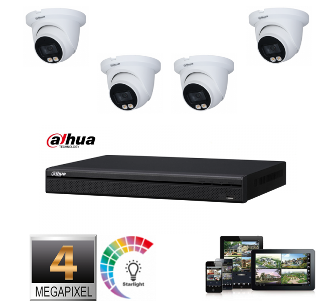 DAHUA  IP 4MP Full Color Set 4x Camera Full Color Audio Turret 4 megapixel 2.8mm-IR 20M + NVR 8 Channel - HDD Preinstalled 4TB