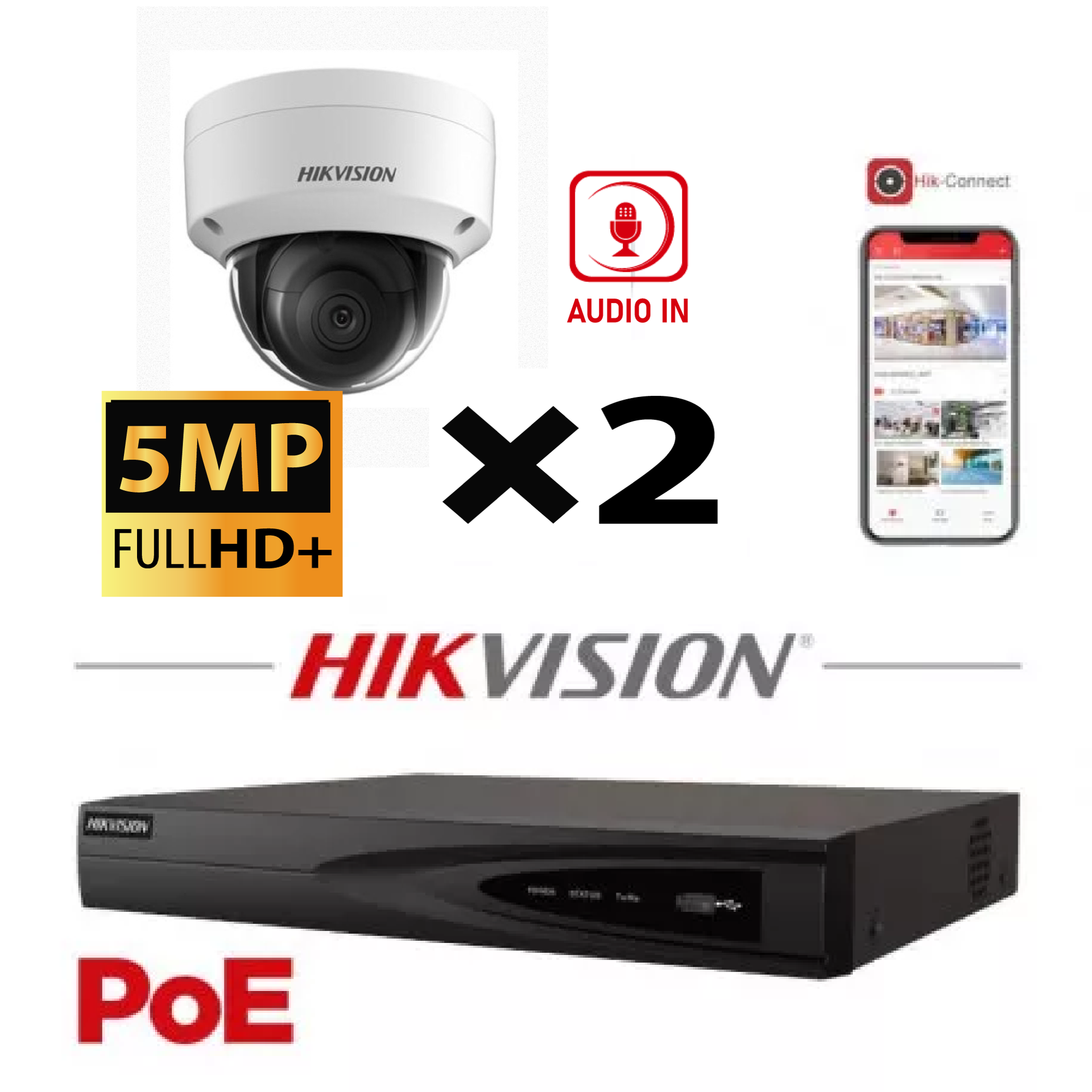 [KITIPHIK-LITE-202] HIKVISION IP Camera Kit  2x Camera Lite Serie 5MP NVR 8xChannel POE- Hard Disk 2Tb  To Max 8x Camera