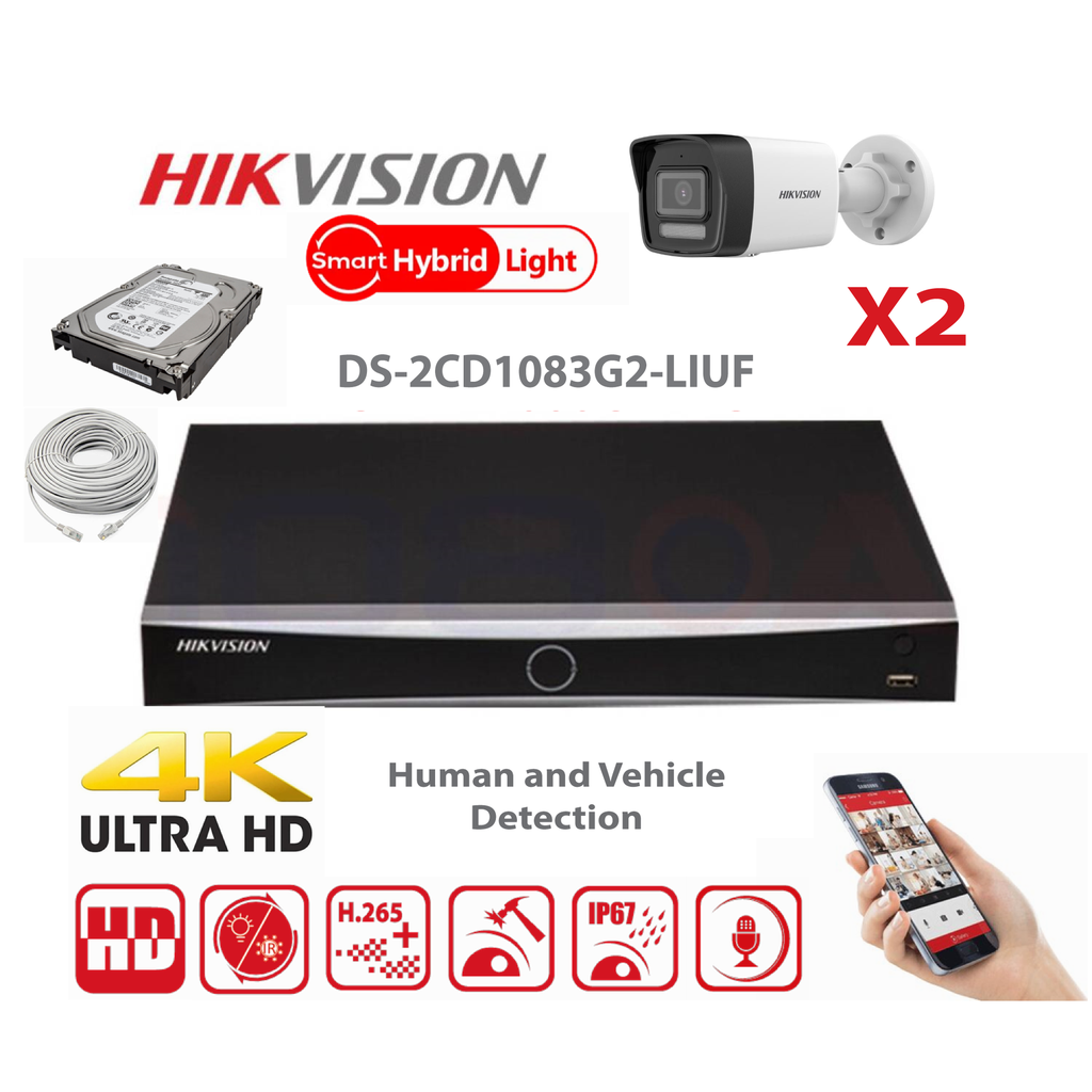 HIKVISION Camera Kit Smart Hybrid G2 Series  2x IP Camera  Bullet 8MP -   NVR 8xChannel - Hard Disk 2Tb Extensible To Max 8x IP Camera