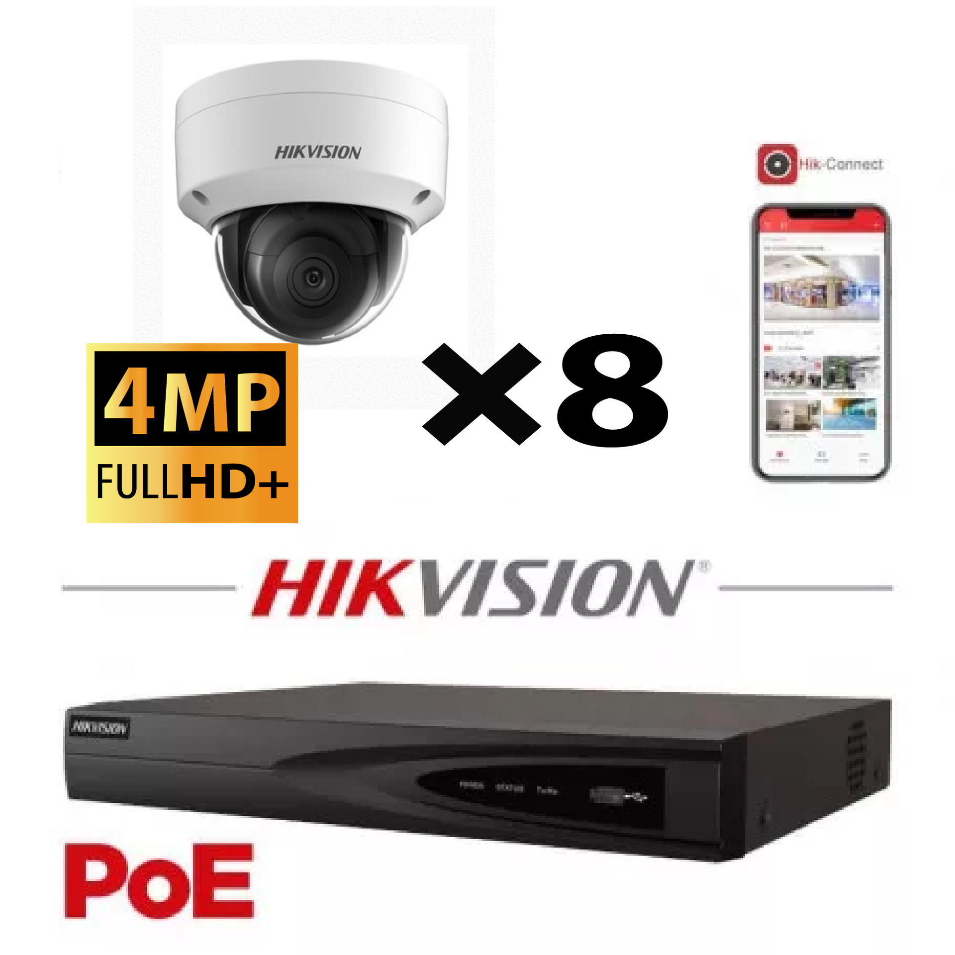 [KITIPHIK-LITE-802] HIKVISION IP Camera Kit  8x Camera Lite Serie 4MP NVR 8xChannel POE- Hard Disk 4Tb 