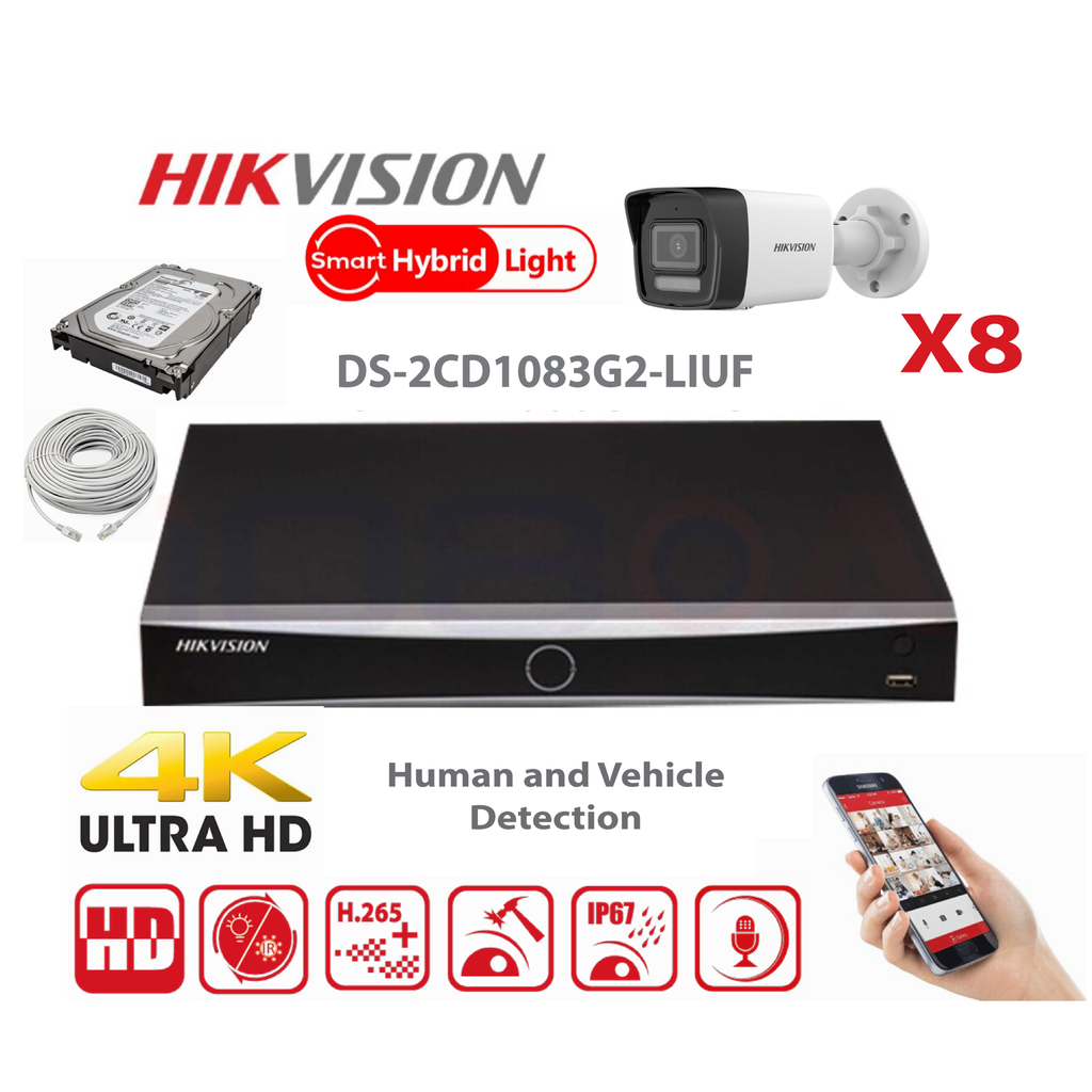 HIKVISION Camera Kit Smart Hybrid G2 Series  8x IP Camera  Bullet 8MP -   NVR 8xChannel - Hard Disk 4Tb
