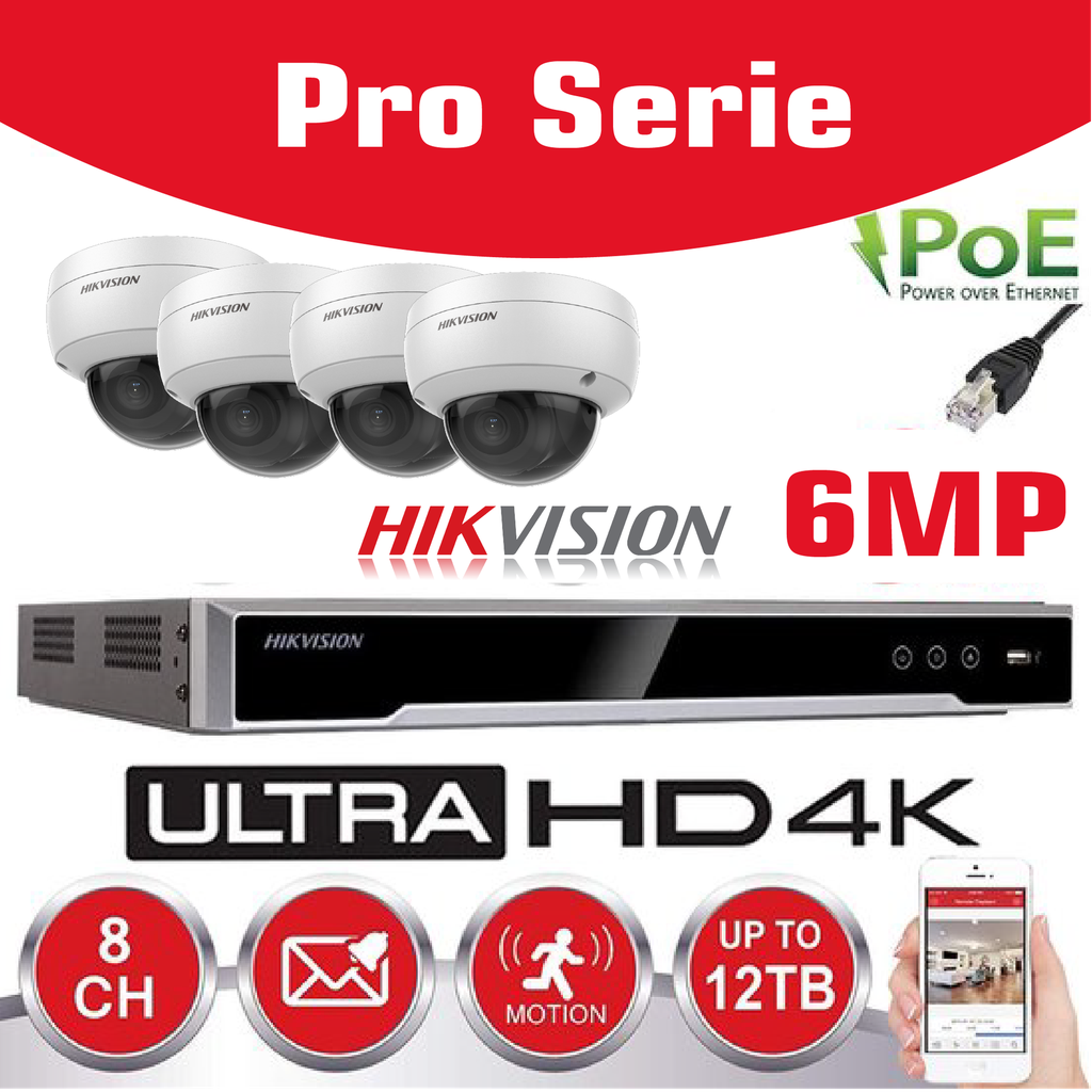 HIKVISION Surveillance Kit Camera -  4 x 6MP IP DOME CAMERA In/Outdoor Night Vision IR  30m Basic detection- NVR 8channel DS-7608NI-Q1/8P - 2TB Hard Disk installed