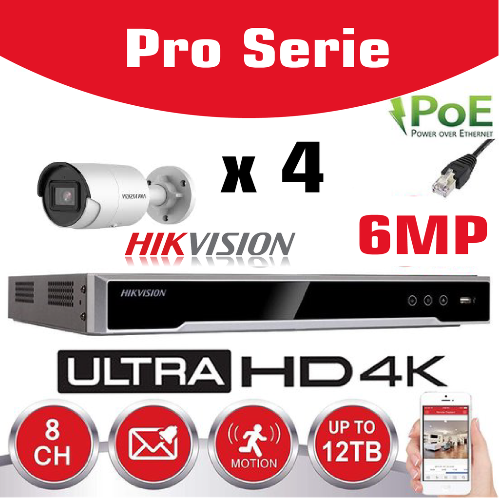 HIKVISION 6MP Surveillance Camera Kit  Pro Serie - NVR 8Ch  4K UHD IP POE - 4x 6MP IP CAMERA Pro-Serie In/Outdoor Night Vision IR Up to 30m - 2TB HDD Storage