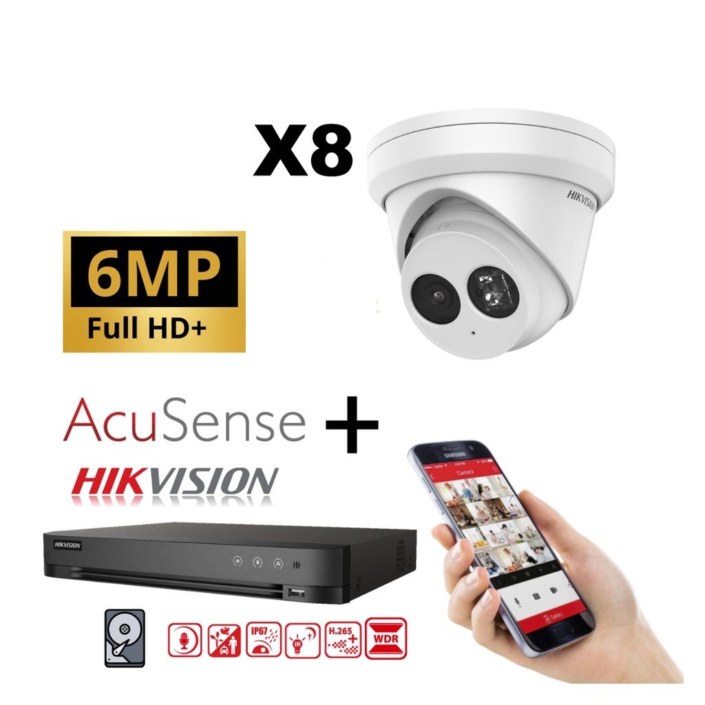 Hikvision IP-Kit 8x Camera 6MP  IR / Acusense G2 Serie - 8x DS-2CD2363G2-IU Audio Turret Camera - recorder NVR 8channel DS-7608NXI-K1/8P - 6TB Hard Disk installed