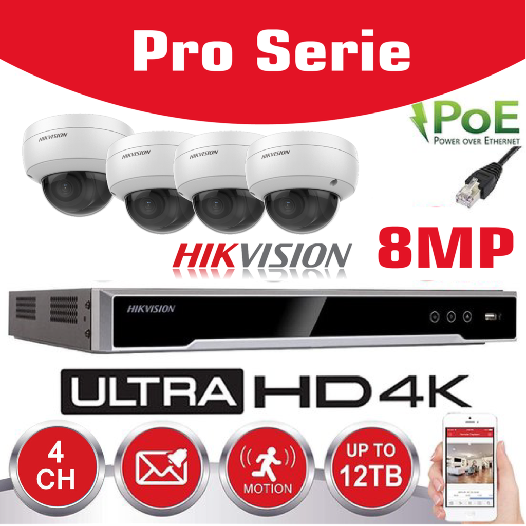 Hikvision IP-Kit 4x Caméra 8MP IR / Essential Serie - 4x DS-2CD2183G0-IU Caméra Dôme Audio IR Standard 30m - enregistreur NVR DS-7608NI-Q1/8P 8 canaux - Disque Dur 4 To installé