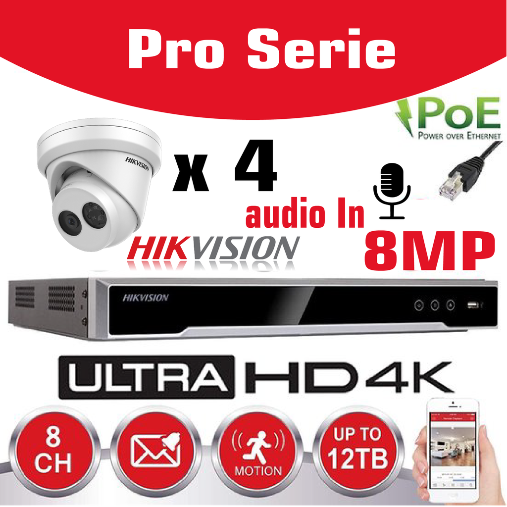 Hikvision IP-Kit 4x Caméra 8MP IR / Essential Serie - 4x DS-2CD2383G0-IU Caméra Tourelle Audio IR Standard 20m - enregistreur NVR DS-7604NI-Q1/4P 4 canaux - Disque Dur 2 To installé