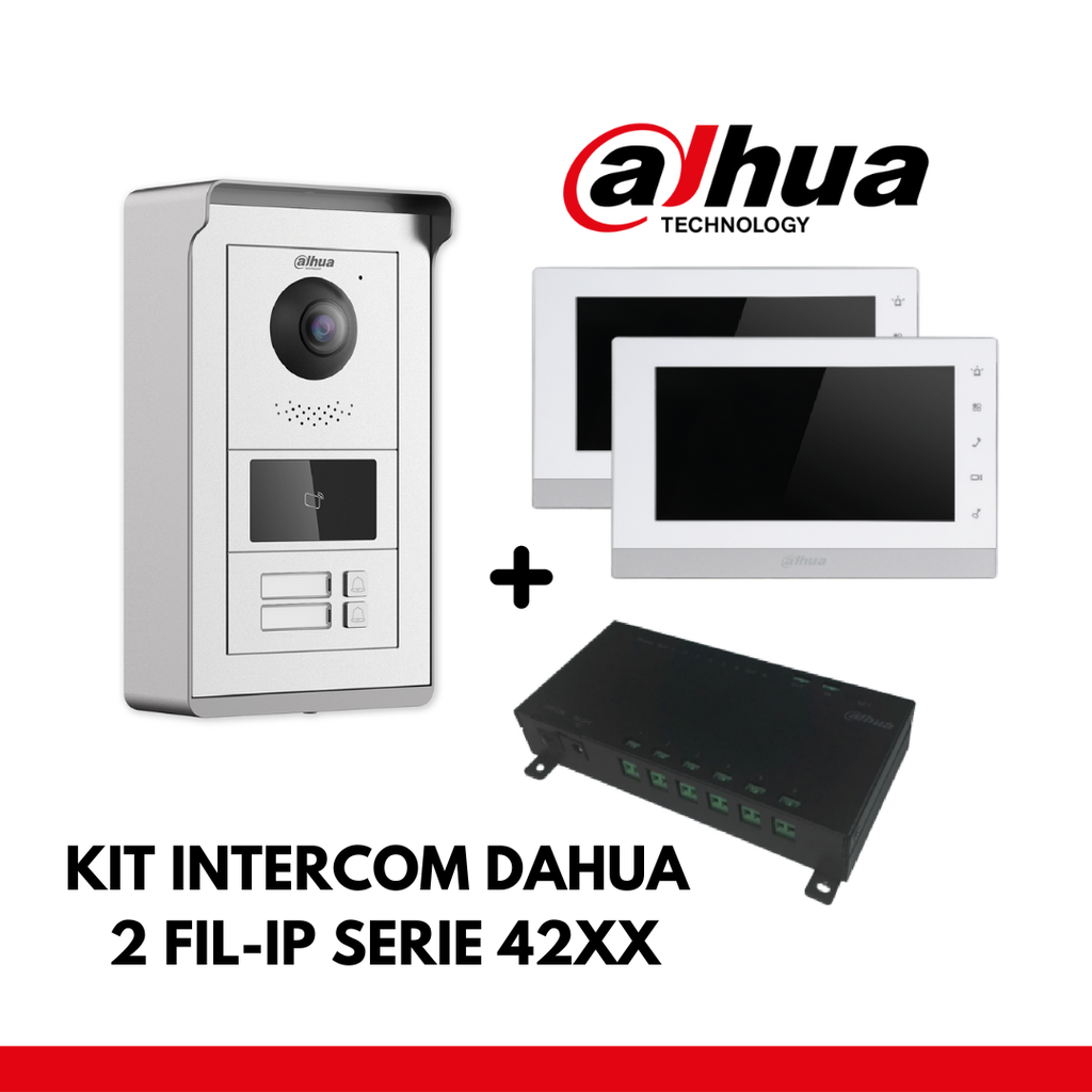 Dahua Apartment Kit 2x IP Interface Buttons - 2 Wires - 24VDC + 2x 7&quot; Color Monitor - Surface or recessed mounting