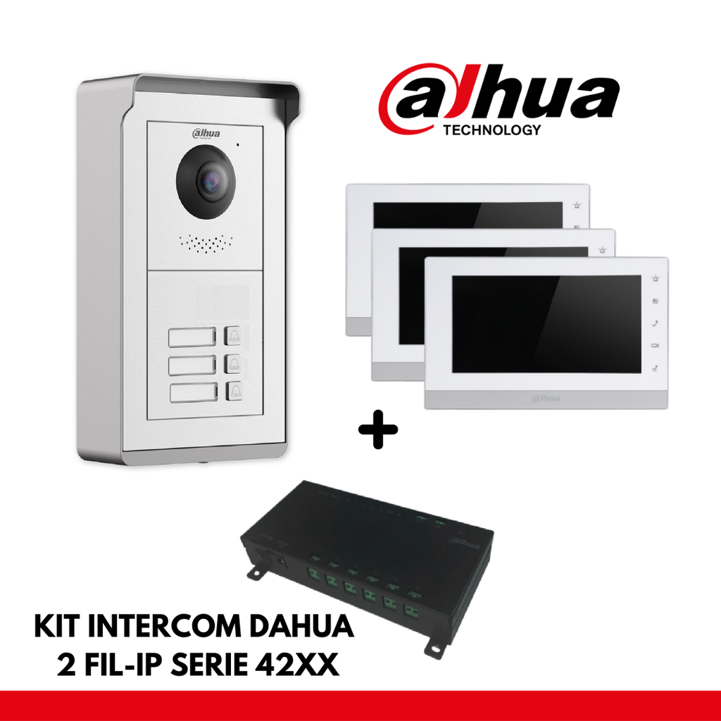 Dahua Apartment Set 3x IP Interface Buttons - 2 Wires - 24VDC + 3x 7&quot; Color Monitor - Surface or recessed mounting