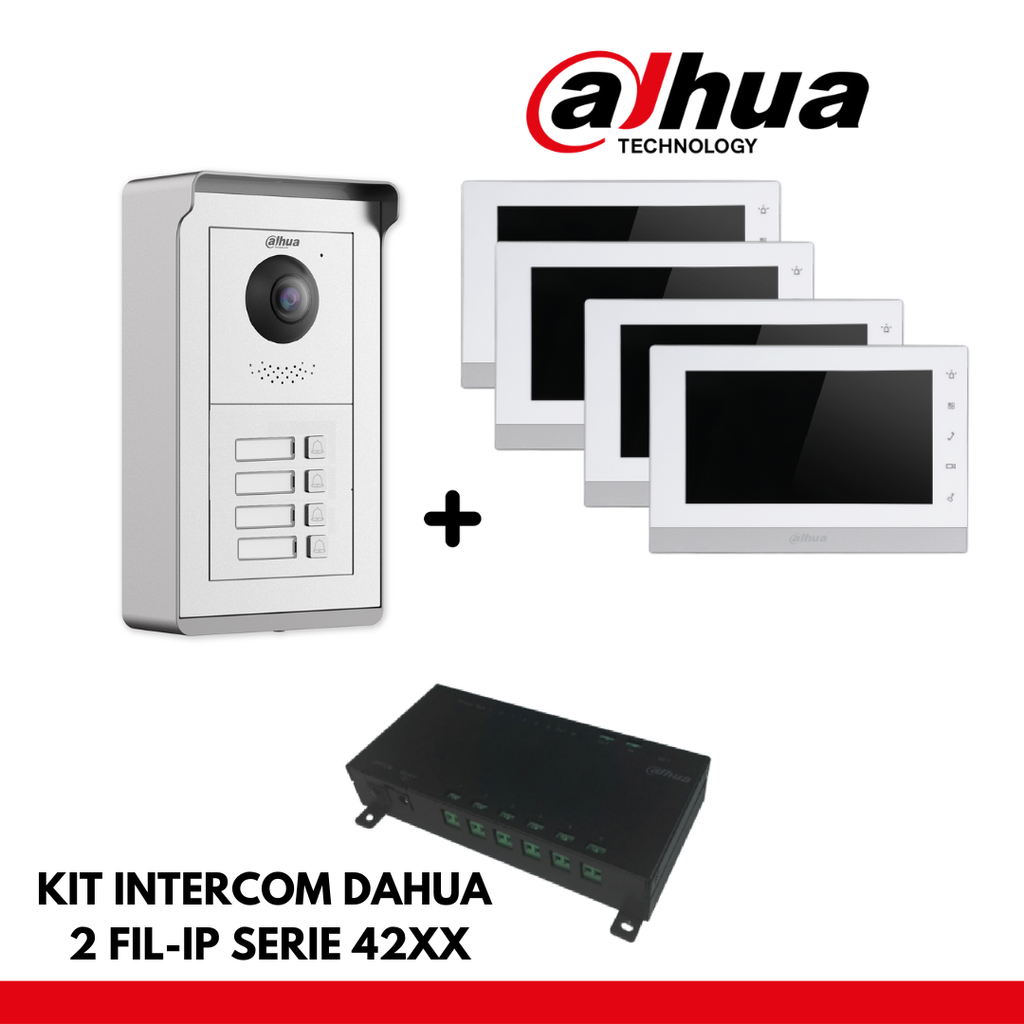 Dahua Apartment Set 4x IP Interface Buttons - 2 Wires - 24VDC + 4x 7&quot; Color Monitor - Surface or recessed mounting