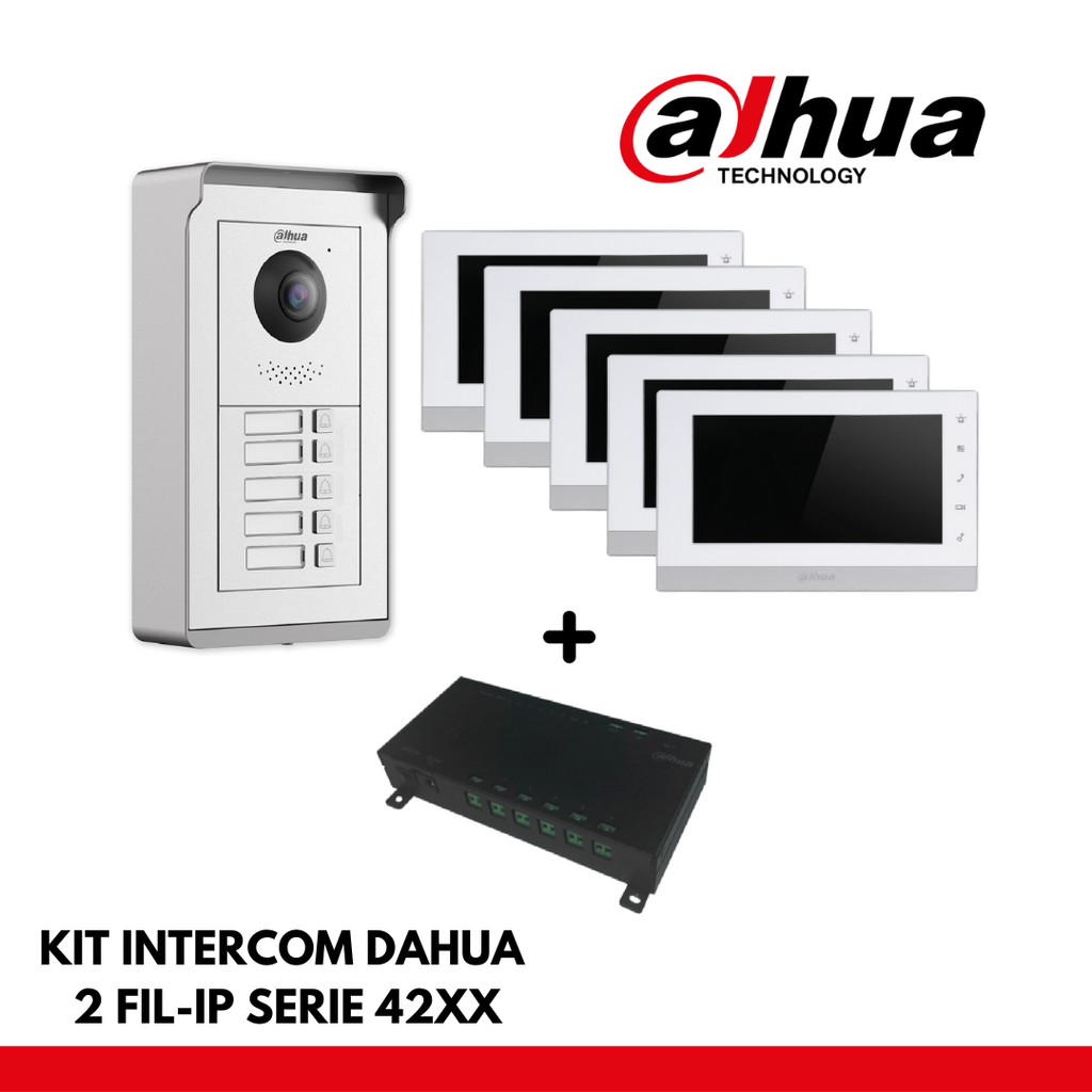 Dahua Apartment Set 5x IP Interface Buttons - 2 Wires - 24VDC + 5x 7&quot; Color Monitor - Surface or recessed mounting