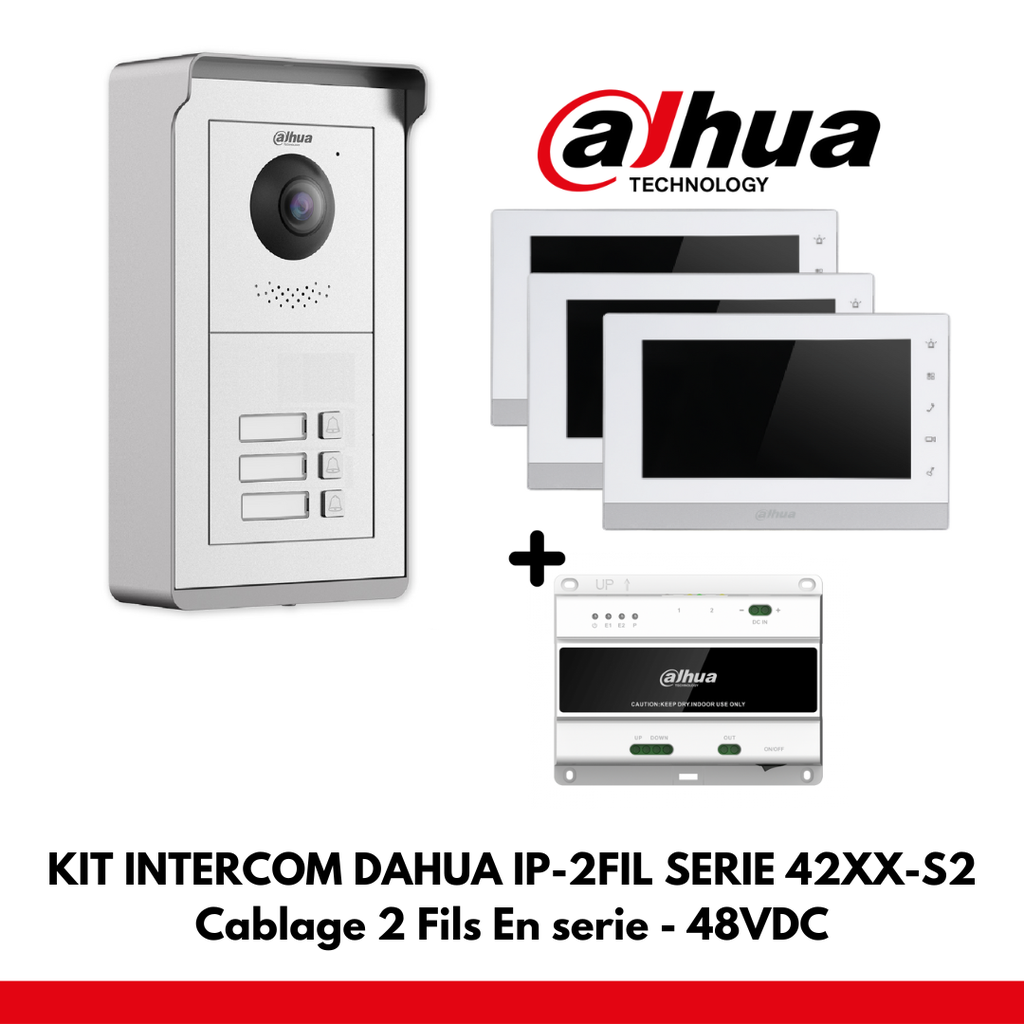 Dahua Apartment Set 3x IP Interface Buttons - 2 Wires - 48VDC + 3x 7&quot; Color Monitor - Serial Wiring