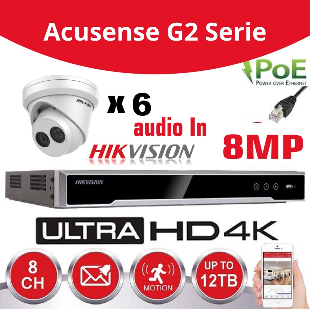 Hikvision IP-Kit 6x Camera 8MP IR / Essential Serie - 6x DS-2CD2383G0-IU Audio Turret Camera IR Standaard 20m - recorder NVR DS-7608NI-Q1/8P 8kanaals - 4TB Harde Schijf geïnstalleerd