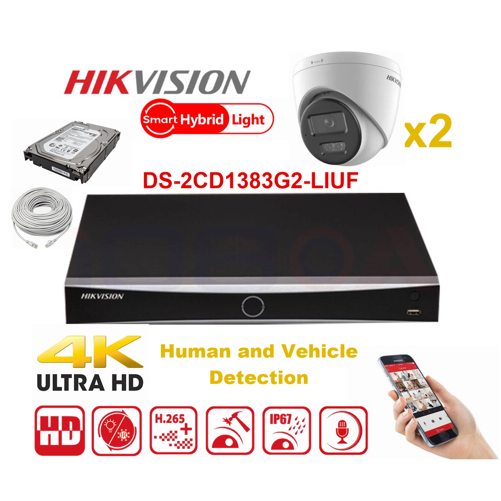 HIKVISION Camera Kit Smart Hybrid G2 Series  2x IP Camera Turret 8MP -   NVR 8xChannel - Hard Disk 2Tb Extensible To Max 8x IP Camera