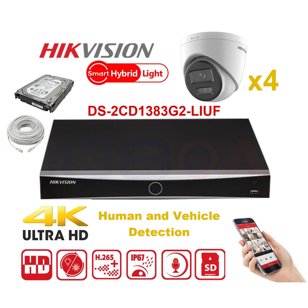 HIKVISION Camera Kit Smart Hybrid G2 Series  4x IP Camera Turret 8MP -   NVR 8xChannel - Hard Disk 2Tb Extensible To Max 8x IP Camera 