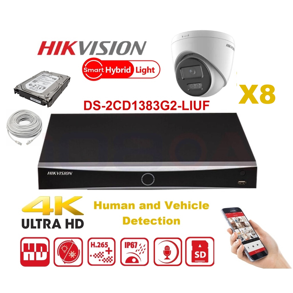 HIKVISION Camera Kit Smart Hybrid G2 Series  8x IP Camera Turret 8MP -   NVR 8xChannel - Hard Disk 4Tb
