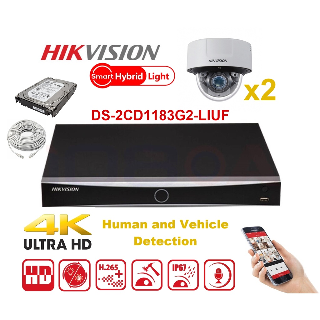 HIKVISION Camera Kit Smart Hybrid G2 Series  2x IP Camera  Dome 8MP -   NVR 8xChannel - Hard Disk 2Tb Extensible To Max 8x IP Camera