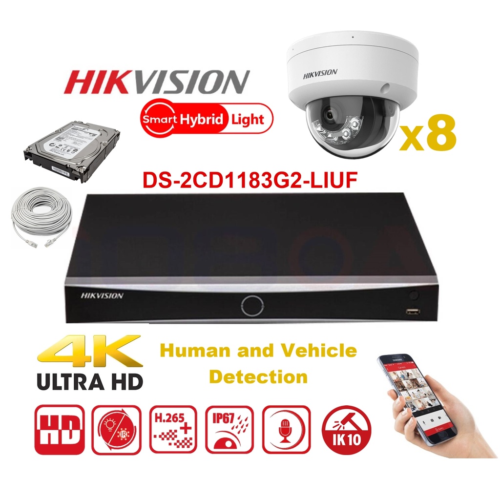 HIKVISION Camera Kit Smart Hybrid G2 Series  8x IP Camera  Dome 8MP -   NVR 8xChannel - Hard Disk 4Tb Extensible To Max 8x IP Camera