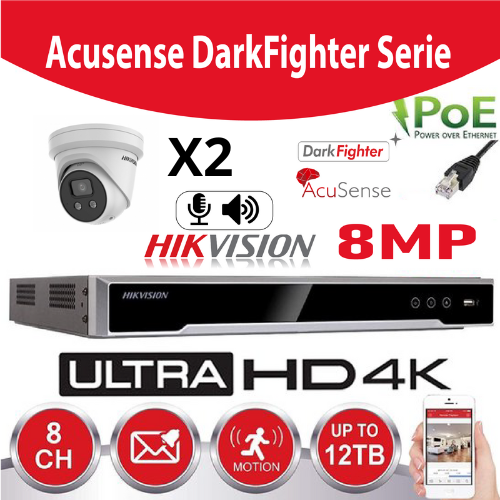 Hikvision Set IP-Darkfighter - Acusense G2 Series 2x DS-2CD2386G2-IU 2.8mm 8 mégapixels (4K) Tourelle Avec microphone + enregistreur NVR 8channel DS-7608NI-K2/8P -Disque dur k 2Tb Preinstallé