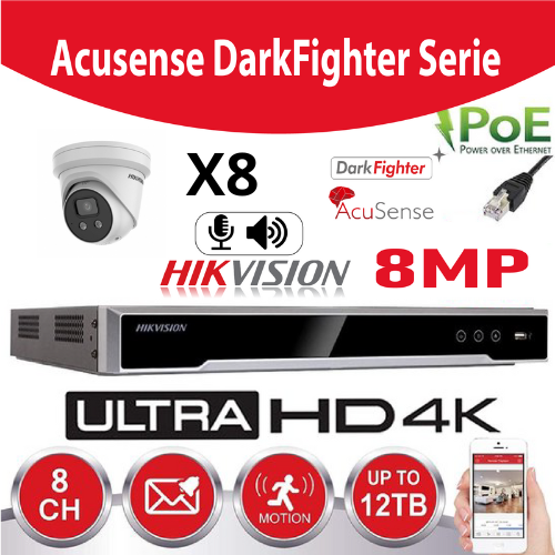 Kit IP Hikvision Accusense G2 8 x DS-2CD2386G2-IU 8MP Darkfighter / Acusense Audio Turret Camera - enregistreur NVR 8 canaux DS-7608NXI-K1/8P - Disque dur 4 To installé