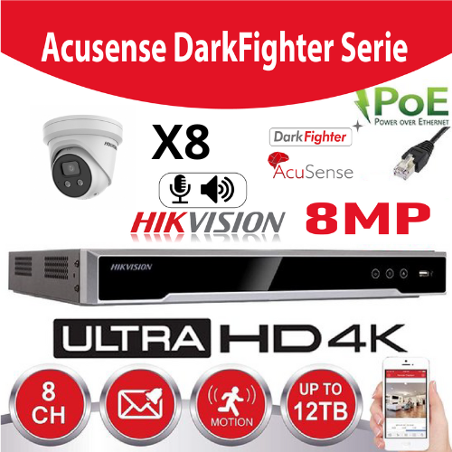 Hikvision Set IP-Acusense G2 Serie 8x DS-2CD2386G2-IU 2.8mm 8MP Darkfighter / Acusense Audio Tourelle - enregistreur NVR 8channel DS-7608NI-K2/8P - Disque Dur 6Tb Preinstallé