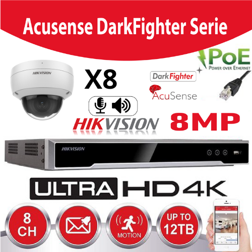 Hikvision IP-Kit Accusense G2  8 x DS-2CD2186G2-I 8MP Darkfighter / Acusense  Dome Camera -  enregistreur NVR 8channel DS-7608NI-K2/8P - Disque Dur 6Tb Preinstallé