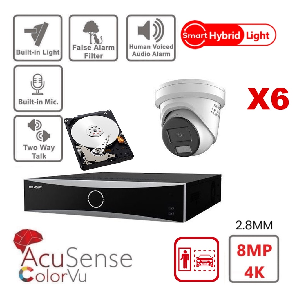 HIKVISION Camerakit Acusense - Smart Hybrid Light met ColorVu-serie - 6x IP-camera Turret 4k-8MP Actief stroboscooplicht en audio-alarm -NVR Acusense NXI-serie 8xkanaal met POE - Harde schijf 6Tb Uitbreidbaar tot maximaal 8x IP-camera