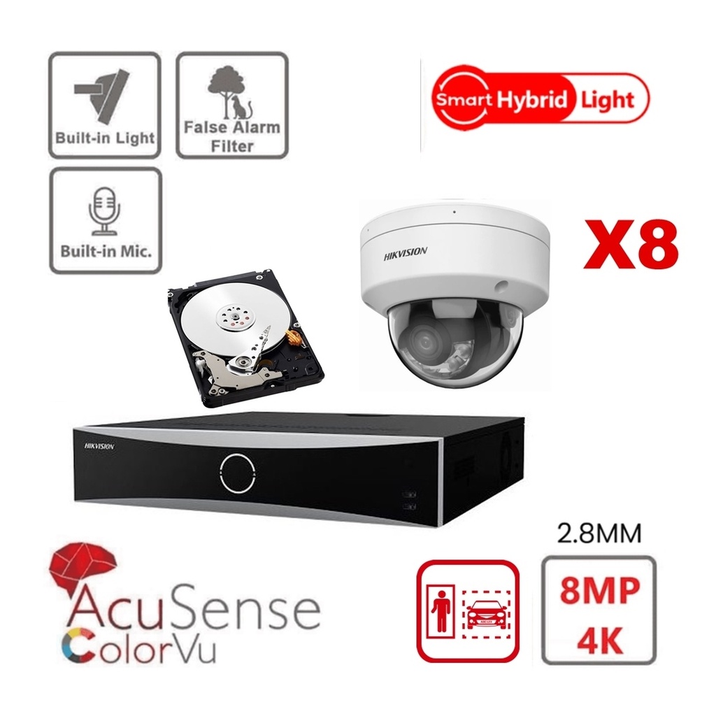 HIKVISION Camera Kit Acusense - Smart Hybrid Light with ColorVu Serie -  8x IP Camera Dome 4k-8MP  built-in audio  -NVR Acusense NXI Series 8xChannel With POE - Hard Disk 6Tb Extensible To Max 8x IP Camera