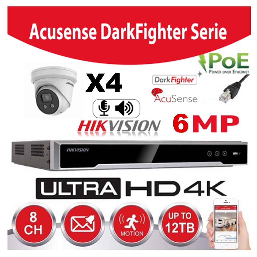 Hikvision Set IP-Darkfighter - Acusense G2 Series 4x DS-2CD2366G2-IU 2.8mm 8 mégapixels Tourelle Avec microphone + enregistreur NVR 8channel DS-7608XI-K1/8P -Disque dur  4Tb Preinstallé 
