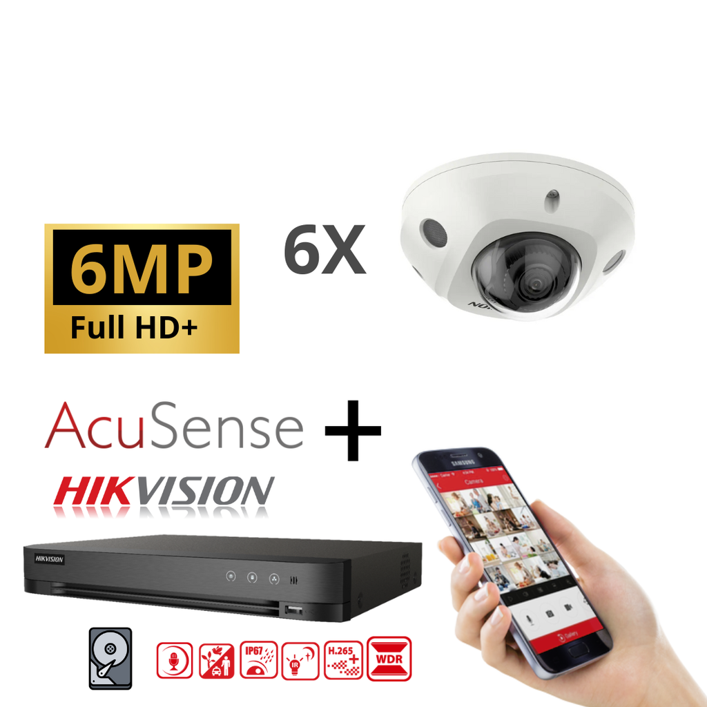 Hikvision IP-Kit 6x Camera 6MP  IR / Acusense G2 Serie - 6x DS-2CD2563G2-I 2.8mm Audio Mini Dome Camera - recorder NVR 8channel DS-7608NXI-K1/8P - 4TB Hard Disk installed 
