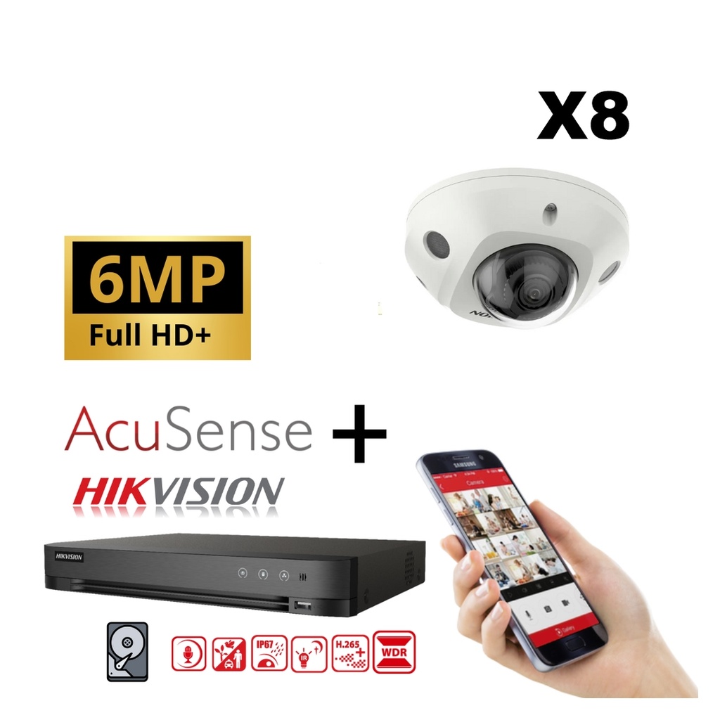 Hikvision IP-Kit 8x Camera 6MP  IR / Acusense G2 Serie - 8x DS-2CD2563G2-I 2.8mm Audio Mini Dome Camera - recorder NVR 8channel DS-7608NXI-K1/8P - 6TB Hard Disk installed