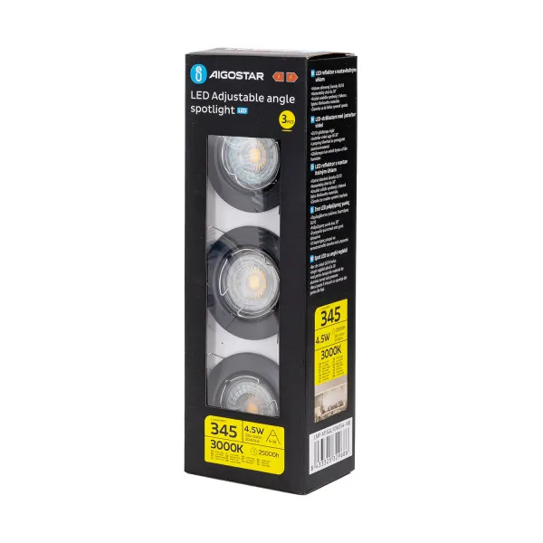 Aigostar GU10 LED-spot met verstelbare hoek, 4,5 W (uitsparing: 65 mm) 3 stuks/pak zwart