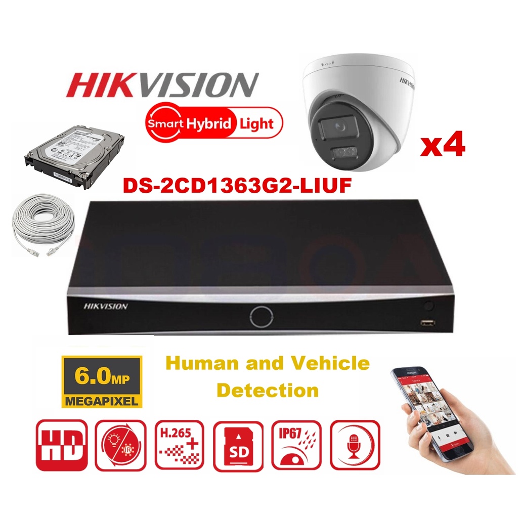 Kit caméra HIKVISION Smart Hybrid G2 Series 4x IP Camera Turret 6MP - NVR 4xChannel - Disque dur 2 To 