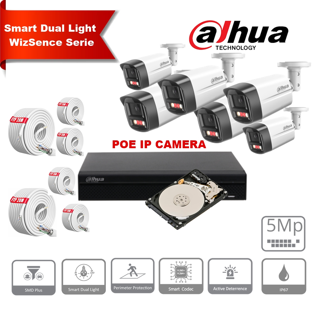 Kit de caméras IP DAHUA Smart Dual Light WizSense Active Deterrence  Series 30 m - 6 caméras Bullet 5 mégapixels 2,8 mm + NVR POE 8 canaux + 4To max. 8 caméras 
