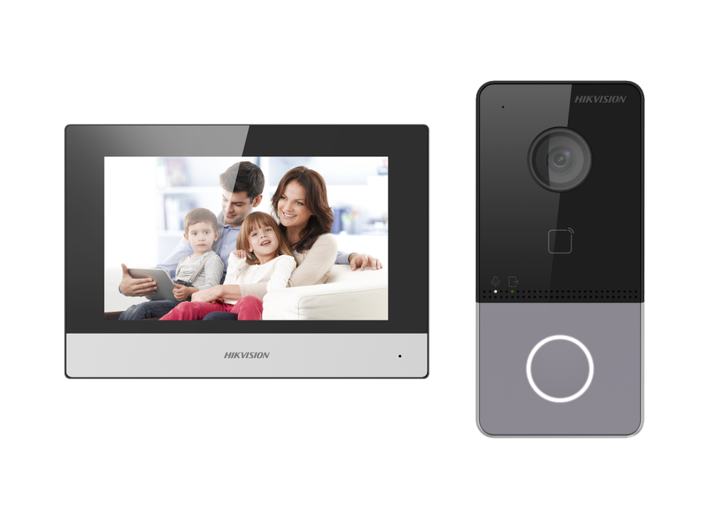 Hikvision DS-KIS603-P(C) - Kit interphone vidéo IP PoE avec 1 bouton d'appel - Montage en surface - Moniteur tactile Wi-Fi 7 pouces
