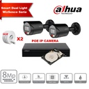 DAHUA Smart Dual Light WizSense-serie  30m IP-camerakit - 2x 8 megapixel 2,8 mm camerabullet Zwart+ 8 kanalen POE NVR + 2 TB max. 8x camera