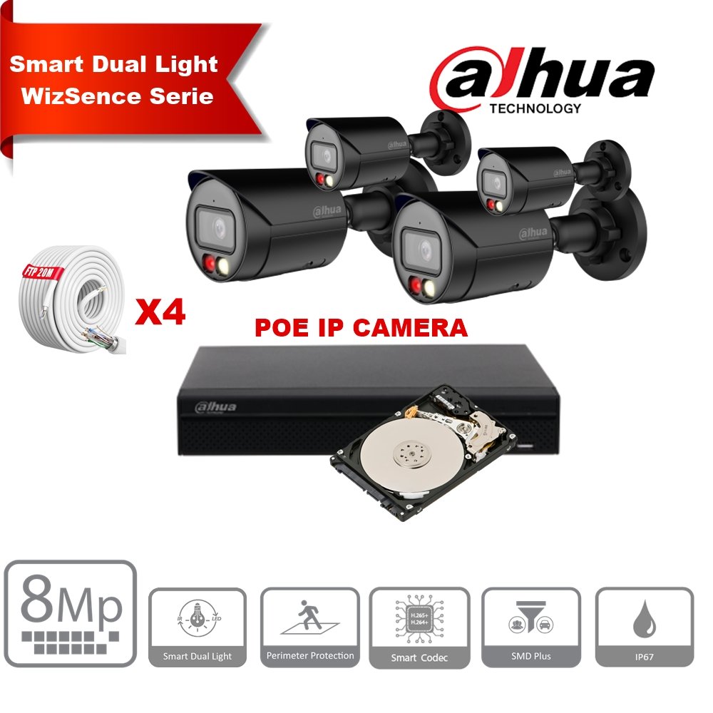DAHUA Smart Dual Light WizSense-serie  30m IP-camerakit - 4x 8 megapixel 2,8 mm camerabullet + 8 kanalen POE NVR + 2 TB max. 8x camera
