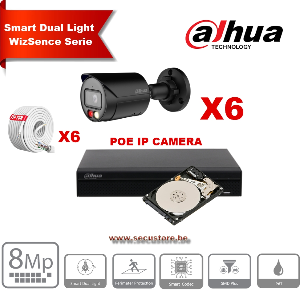 DAHUA Smart Dual Light WizSense-serie IPC-HFW2849S-S-IL  30m IP-camerakit - 6x 8megapixel 2,8 mm camerabullet  Zwart+ 8 kanalen POE NVR + 4 TB max. 8x camera
