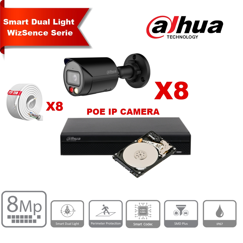 Kit de caméras IP DAHUA Smart Dual Light WizSense   Series 30 m - 8 caméras Bullet 8 mégapixels 2,8 mm  Noir+ NVR POE 8 canaux + 4To  