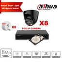 Kit de caméras IP DAHUA Smart Dual Light WizSense   Series 30 m - 8 Camera Turret 8 mégapixels 2,8 mm  Noir+ NVR POE 8 canaux + 4To  