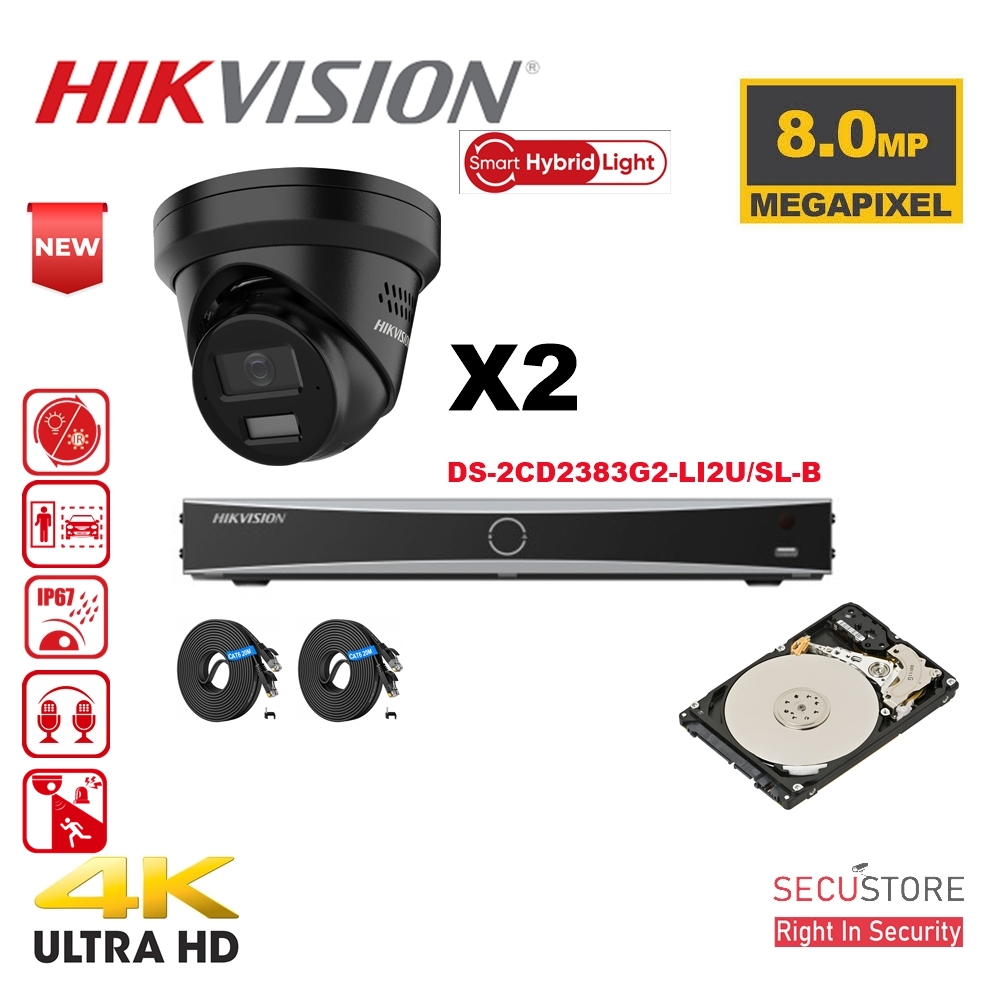 Kit caméra HIKVISION Acusense jusqu'à 8x - Éclairage hybride intelligent - Caméra Tourelle Noir IP 4k-8MP Lumière stroboscopique active et alarme audio - Dual Microphone  -NVR Acusense NXI Series 4x canaux avec POE  jusqu'à 8x caméras IP 